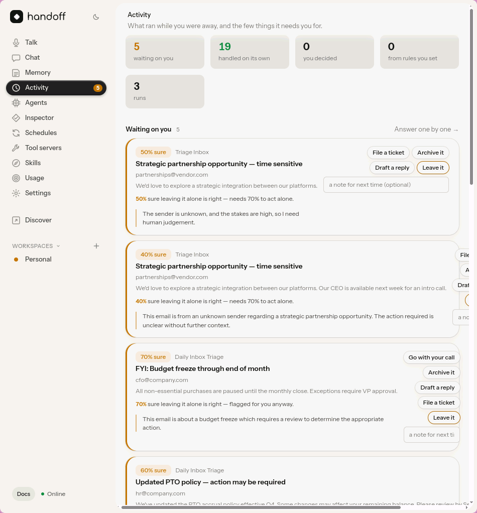 Activity: pending decisions across workspaces, answerable inline