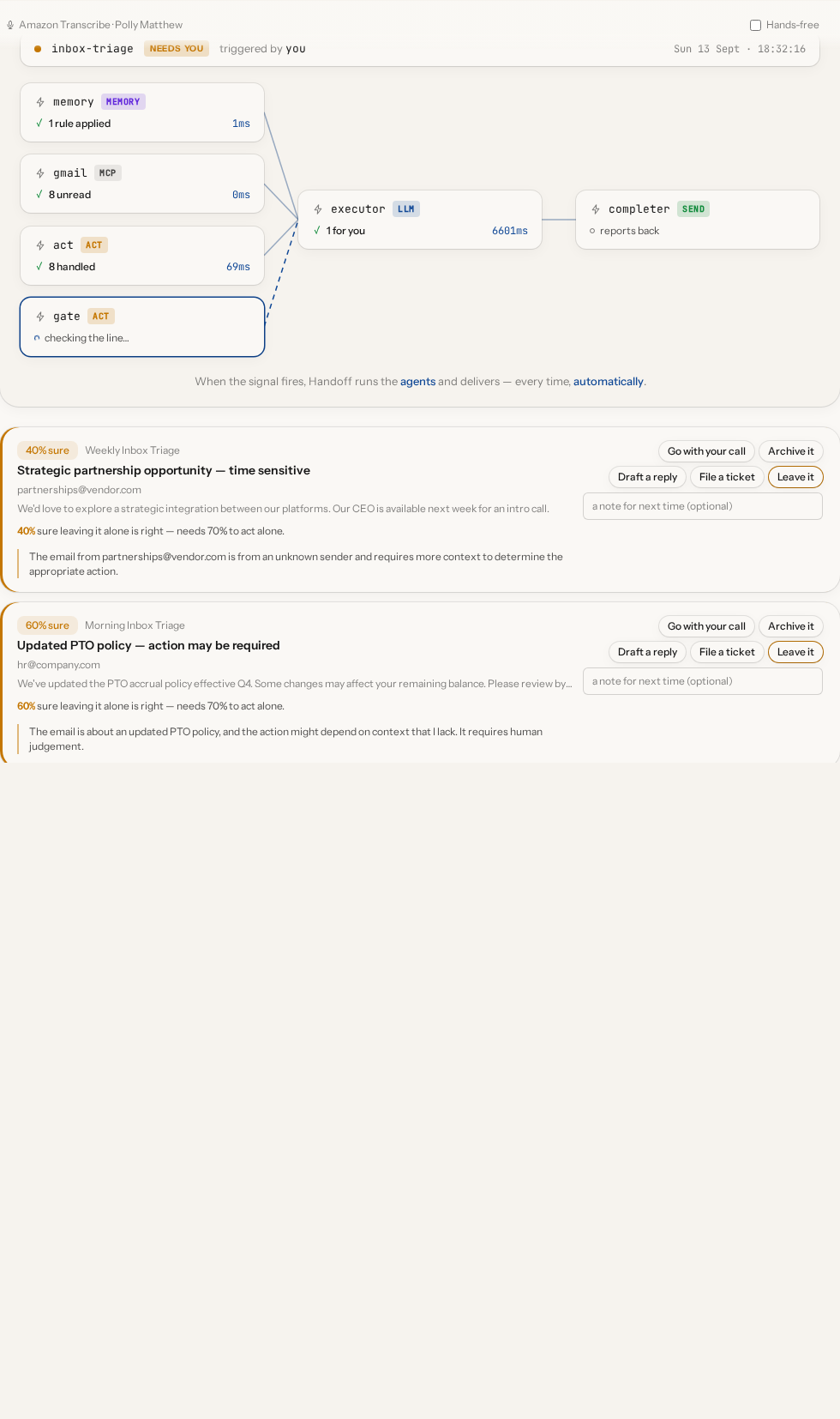 The work panel: run graph and decision cards